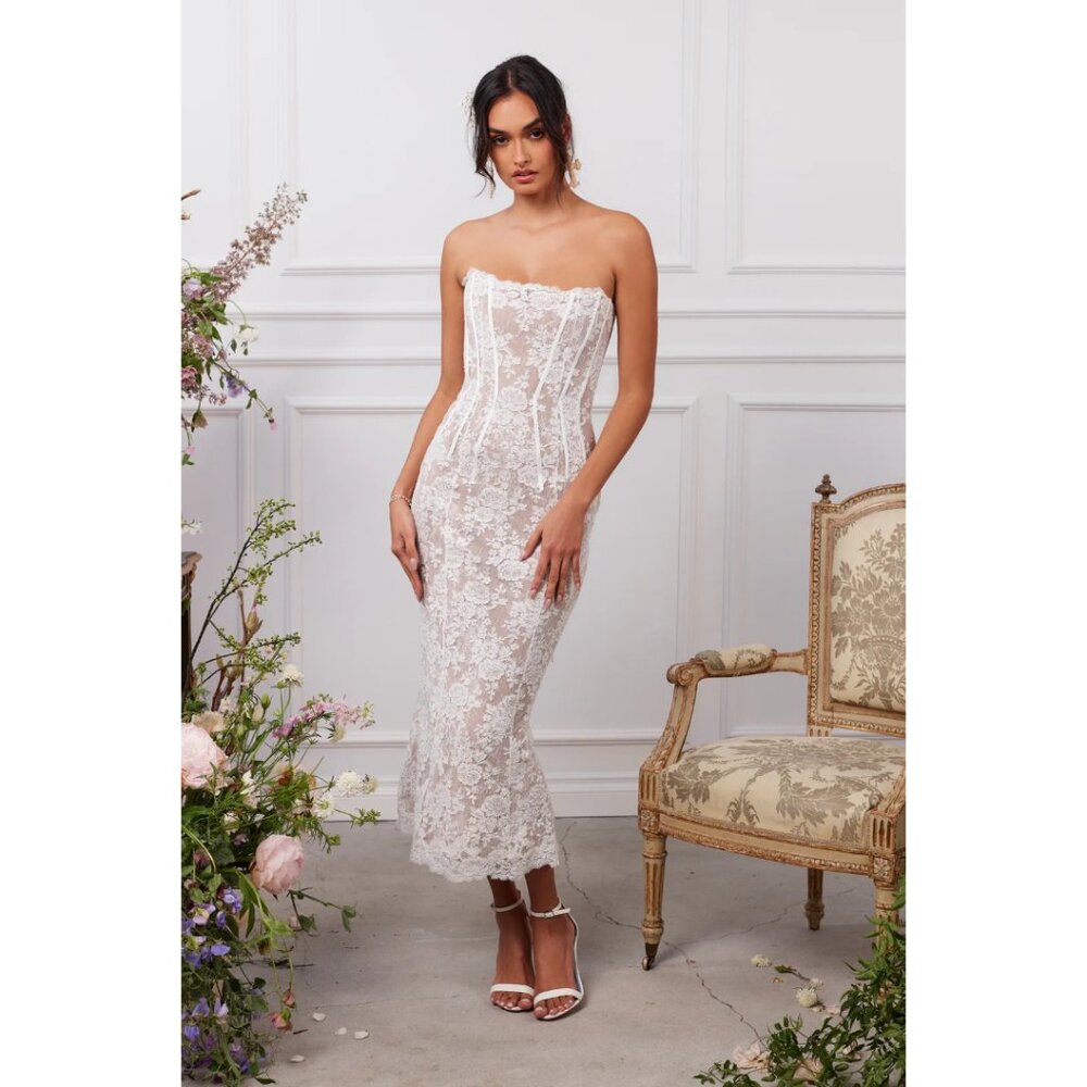 V. Chapman Capulet Strapless Corset Chantilly Lace Midi Dress *Hemmed* Size 8
